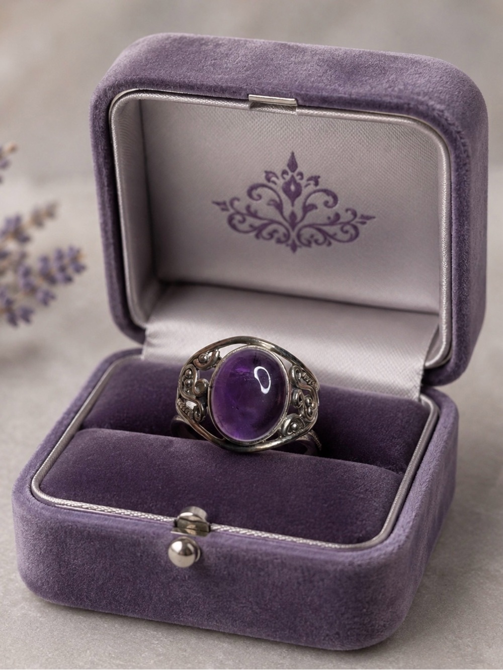 Ring 925 Sterling Silver Amethyst Gemstone Purple Detailed Band